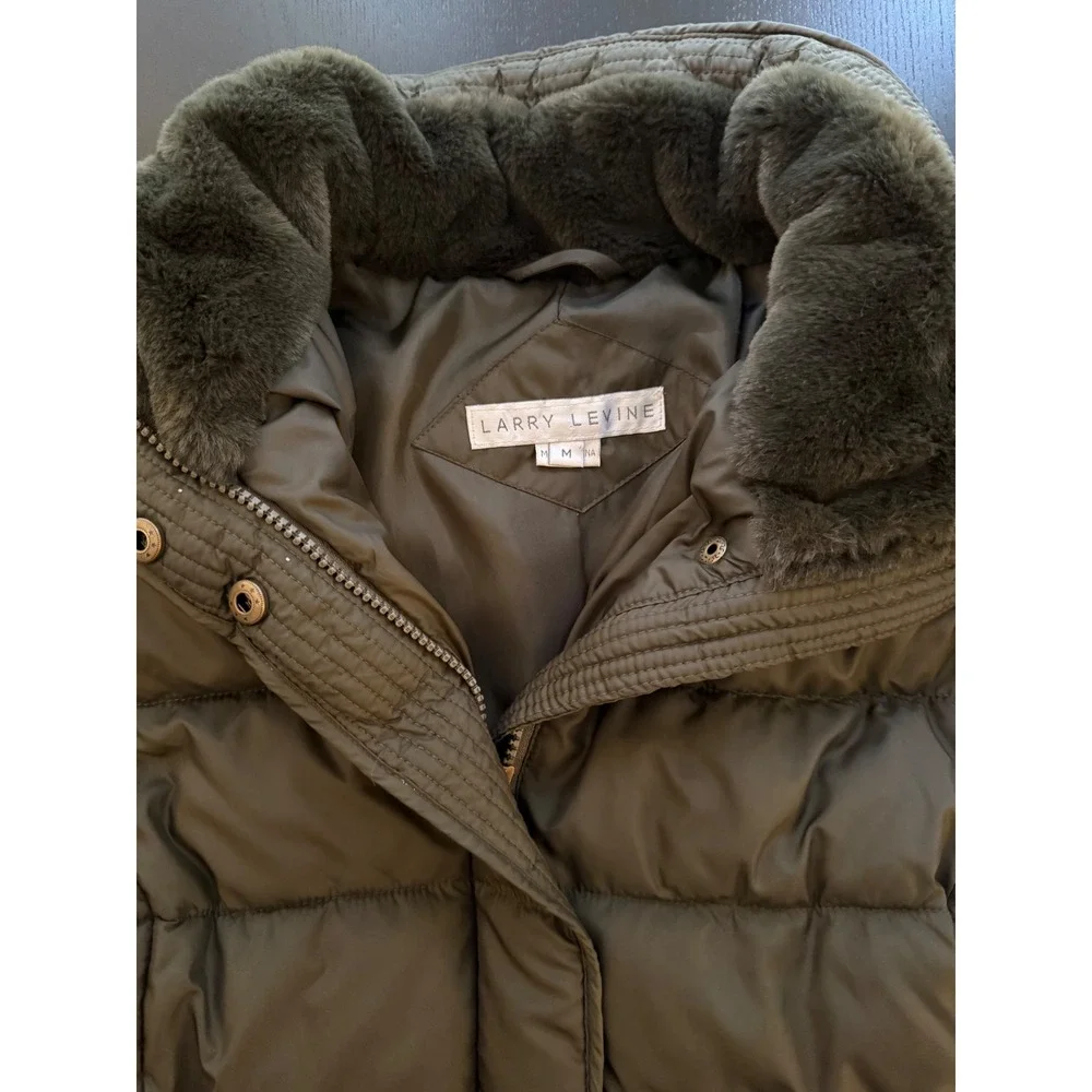 Larry Levine Faux-Fur Trimmed Parka Womens Medium Dark Green Insulated Coat‎